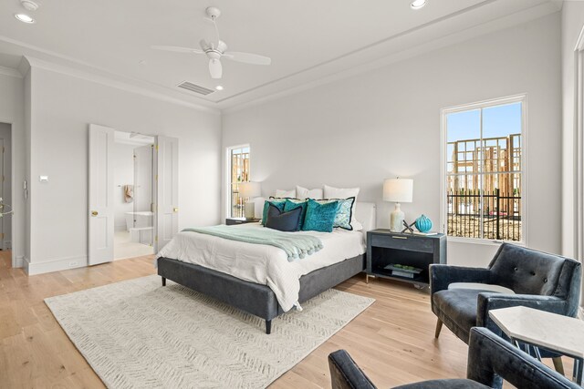 4532 Terroir Dr, Fort Worth, TX 76126 - bedroom featuring multiple windows, recessed lighting, light wood-style floors, ornamental molding, and connected bathroom