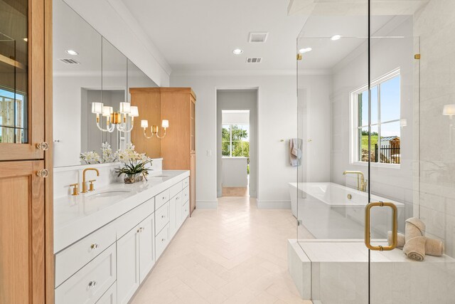 4532 Terroir Dr, Fort Worth, TX 76126 - bathroom featuring a chandelier, double vanity, a soaking tub, crown molding, and tile patterned flooring