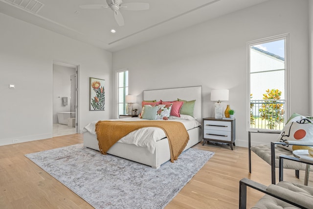 4524 Terroir Dr, Fort Worth, TX 76126 - bedroom featuring light wood-style floors, connected bathroom, ceiling fan, and recessed lighting