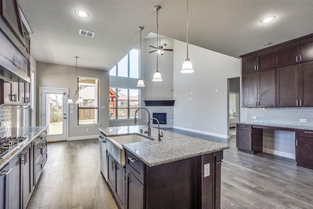6105 Horsetail Dr, Mckinney, TX 75071 - kitchen with a ceiling fan, a glass covered fireplace, stainless steel appliances, light wood finished floors, and dark brown cabinetry