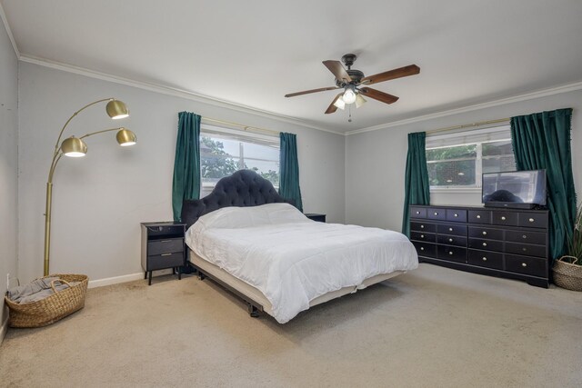 1203 Woodridge Cir, Euless, TX 76040 - carpeted bedroom featuring ornamental molding, multiple windows, and a ceiling fan