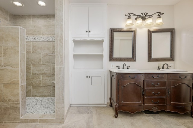 1203 Woodridge Cir, Euless, TX 76040 - full bathroom featuring walk in shower, double vanity, and recessed lighting