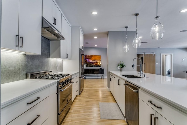 3866 Lively Ln, Dallas, TX 75220 - kitchen featuring high quality appliances, under cabinet range hood, light wood-type flooring, light countertops, and recessed lighting