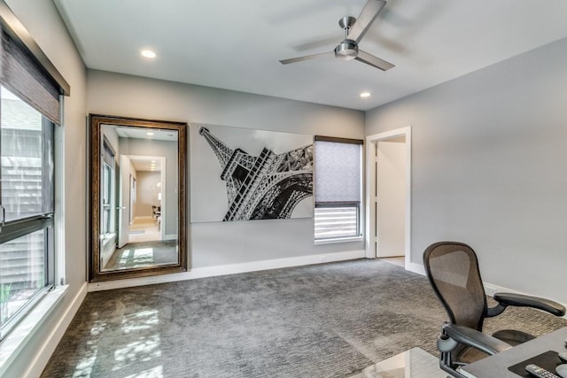 3866 Lively Ln, Dallas, TX 75220 - carpeted home office featuring a ceiling fan and recessed lighting