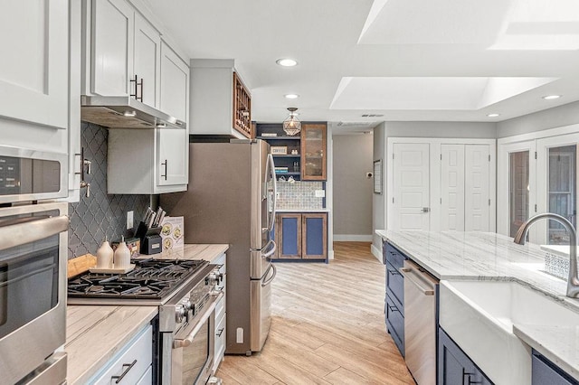 6005 Costera Ln, Dallas, TX 75248 - kitchen with stainless steel appliances, under cabinet range hood, decorative backsplash, light wood-style floors, and light stone countertops