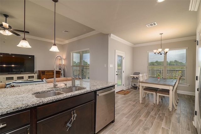 206 Berkshire Pl, Haughton, LA 71037 - kitchen with dishwasher, dark brown cabinetry, healthy amount of natural light, open floor plan, and crown molding