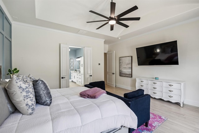 1030 Double B Trl, Prosper, TX 75078 - bedroom featuring light wood-style flooring, crown molding, connected bathroom, and a ceiling fan