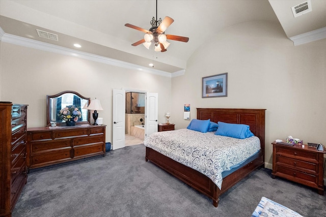 1911 Saddlehorn Ln, Mansfield, TX 76063 - bedroom with carpet, ornamental molding, lofted ceiling, recessed lighting, and ensuite bathroom