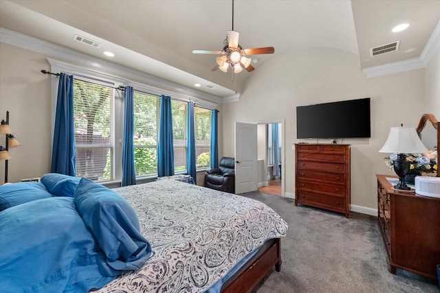 1911 Saddlehorn Ln, Mansfield, TX 76063 - bedroom with vaulted ceiling, crown molding, carpet, recessed lighting, and a ceiling fan
