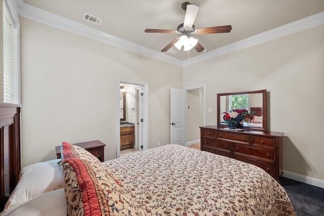 1911 Saddlehorn Ln, Mansfield, TX 76063 - carpeted bedroom featuring ornamental molding, ceiling fan, and ensuite bath