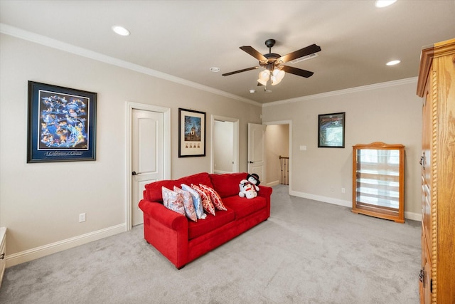1911 Saddlehorn Ln, Mansfield, TX 76063 - living room with crown molding, carpet floors, ceiling fan, and recessed lighting