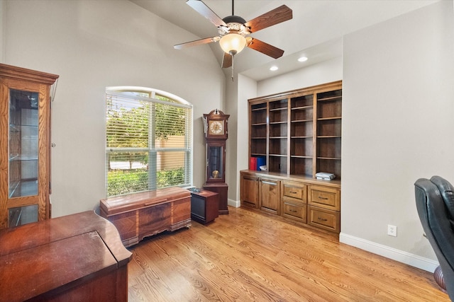 1911 Saddlehorn Ln, Mansfield, TX 76063 - office space with light wood-style flooring, ceiling fan, recessed lighting, and high vaulted ceiling
