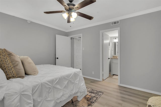 4748 Old Bent Tree Ln Unit 701, Dallas, TX 75287 - bedroom with light wood-style flooring, ornamental molding, ceiling fan, and connected bathroom
