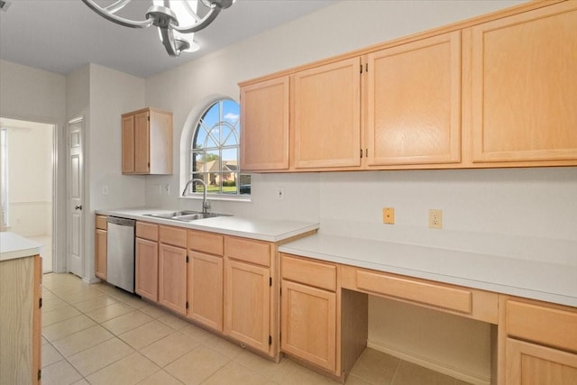 1100 Bellingham Pl, Arlington, TX 76001 - kitchen featuring light brown cabinets, dishwasher, light tile patterned flooring, built in study area, and light countertops