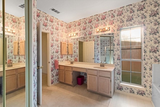 1100 Bellingham Pl, Arlington, TX 76001 - bathroom with wallpapered walls and double vanity