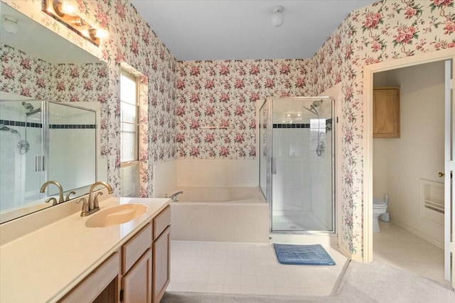 1100 Bellingham Pl, Arlington, TX 76001 - full bathroom featuring wallpapered walls, a garden tub, vanity, and a stall shower