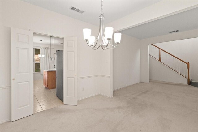 1100 Bellingham Pl, Arlington, TX 76001 - spare room featuring a chandelier, light colored carpet, and stairs