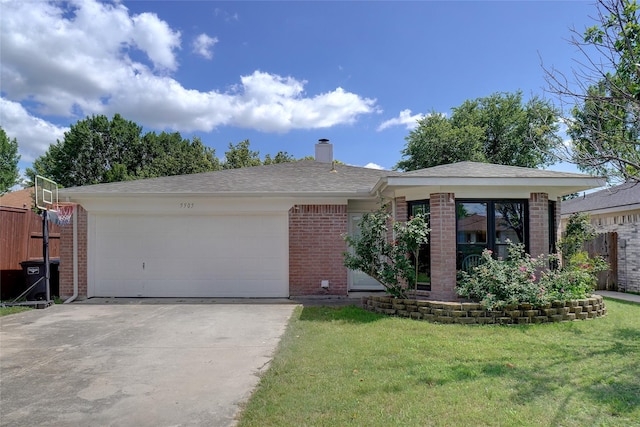 5905 Northfield Dr, Fort Worth, TX 76179 - view of front facade with brick siding, driveway, a garage, a chimney, and roof with shingles