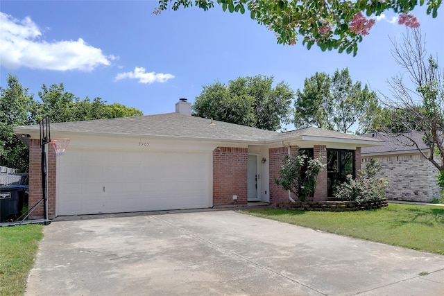 5905 Northfield Dr, Fort Worth, TX 76179 - ranch-style house with brick siding, a garage, concrete driveway, a front lawn, and a chimney