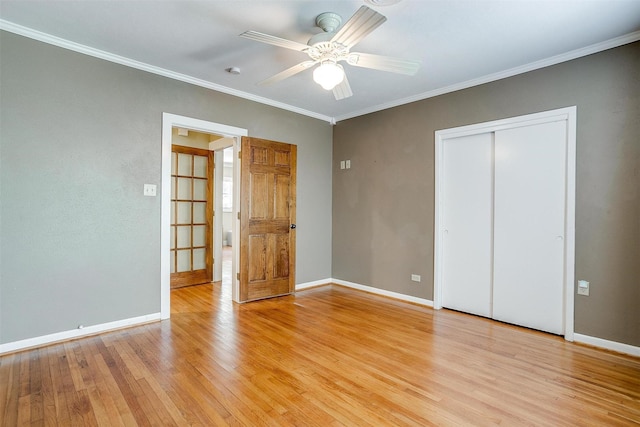 2012 Carleton Ave, Fort Worth, TX 76107 - unfurnished bedroom with light wood-style flooring, ornamental molding, a closet, and ceiling fan