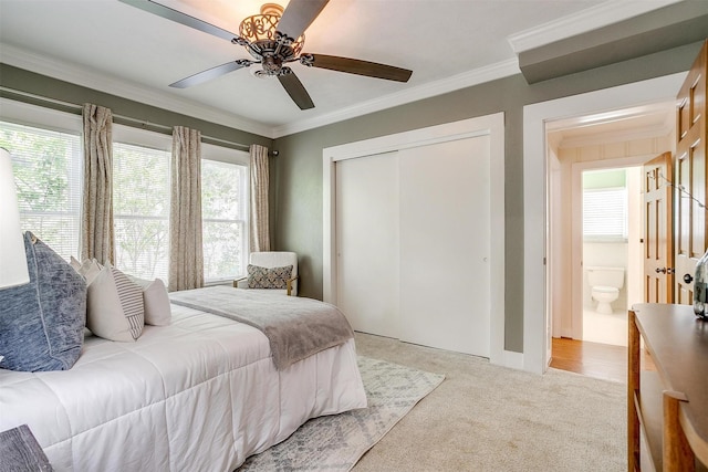 2012 Carleton Ave, Fort Worth, TX 76107 - bedroom with a closet, light colored carpet, ornamental molding, and ceiling fan