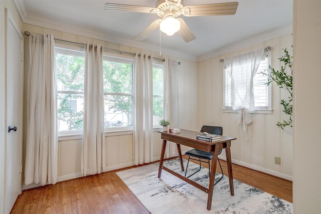 2012 Carleton Ave, Fort Worth, TX 76107 - home office with light wood-style floors, healthy amount of natural light, a ceiling fan, and crown molding