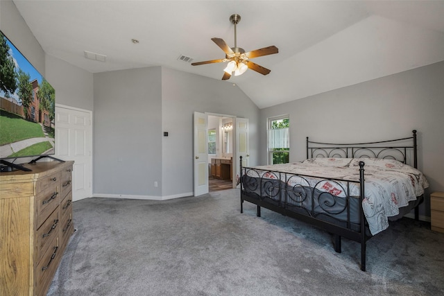 7305 Meadowwood Dr, Rowlett, TX 75089 - carpeted bedroom featuring vaulted ceiling, ensuite bath, and ceiling fan