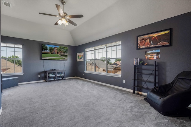 7305 Meadowwood Dr, Rowlett, TX 75089 - sitting room with plenty of natural light, carpet flooring, ceiling fan, and lofted ceiling