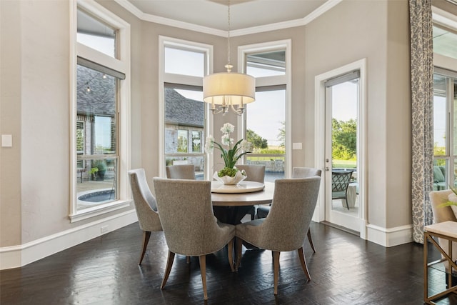 1800 Aspen St, Prosper, TX 75078 - dining space with a chandelier, ornamental molding, and dark wood-style flooring