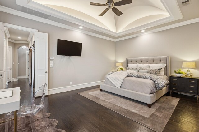 1800 Aspen St, Prosper, TX 75078 - bedroom with crown molding, wood finished floors, arched walkways, recessed lighting, and a ceiling fan