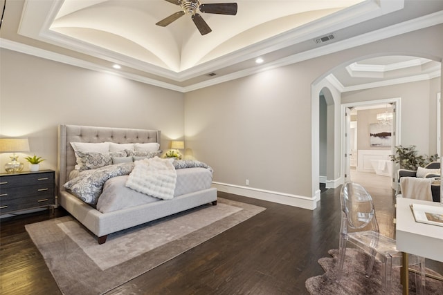 1800 Aspen St, Prosper, TX 75078 - bedroom featuring arched walkways, recessed lighting, a tray ceiling, ornamental molding, and wood finished floors