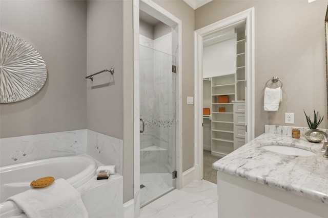1800 Aspen St, Prosper, TX 75078 - full bath featuring a marble finish shower, marble look tiles, a garden tub, and a walk in closet