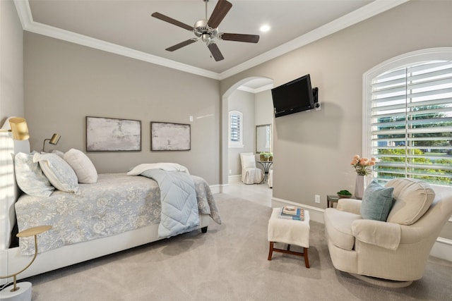 1800 Aspen St, Prosper, TX 75078 - carpeted bedroom with arched walkways, multiple windows, crown molding, ceiling fan, and recessed lighting