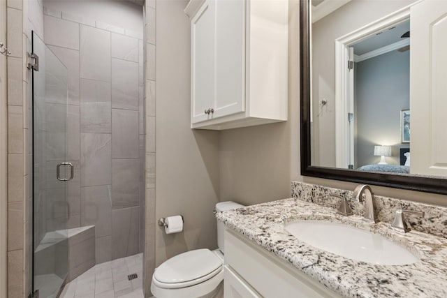 1800 Aspen St, Prosper, TX 75078 - ensuite bathroom with a stall shower, vanity, and ornamental molding