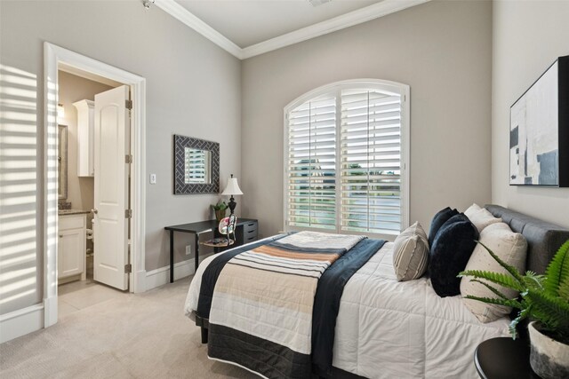 1800 Aspen St, Prosper, TX 75078 - bedroom featuring crown molding, light colored carpet, and connected bathroom