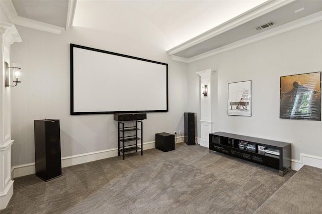 1800 Aspen St, Prosper, TX 75078 - carpeted cinema featuring ornamental molding and vaulted ceiling