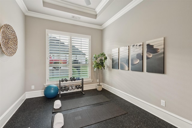 1800 Aspen St, Prosper, TX 75078 - exercise room with a raised ceiling and ornamental molding