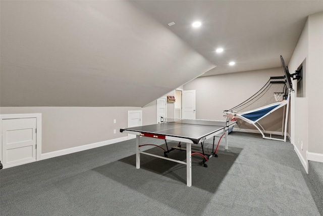 1800 Aspen St, Prosper, TX 75078 - game room with vaulted ceiling, dark colored carpet, and recessed lighting