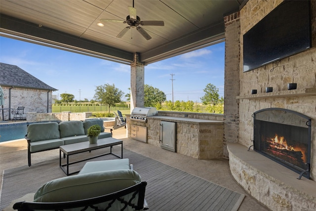 1800 Aspen St, Prosper, TX 75078 - view of patio with area for grilling, an outdoor living space with a fireplace, and a ceiling fan