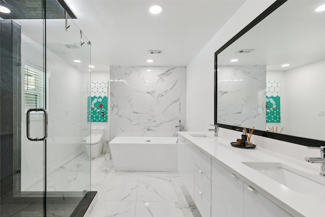 3138 Whirlaway Rd, Dallas, TX 75229 - full bathroom featuring marble finish flooring, recessed lighting, a soaking tub, double vanity, and a marble finish shower