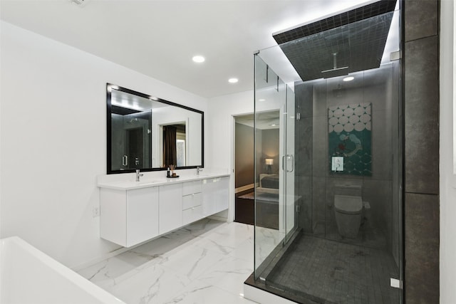 3138 Whirlaway Rd, Dallas, TX 75229 - full bathroom featuring marble finish flooring, double vanity, a stall shower, and recessed lighting