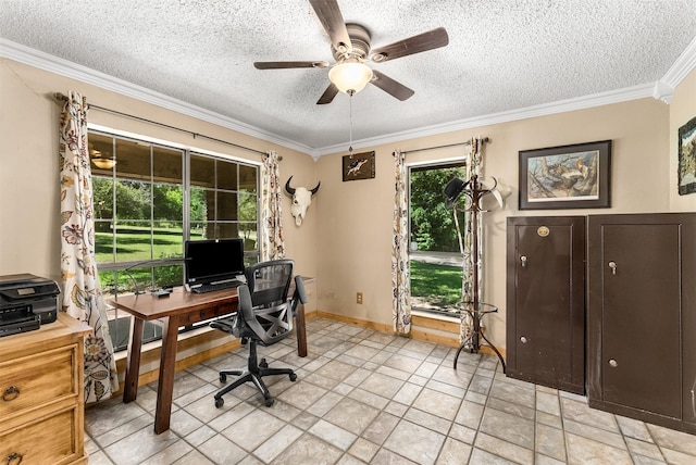 4610 County Road 862, Mckinney, TX 75071 - office featuring a textured ceiling, ceiling fan, crown molding, and light stone finish flooring