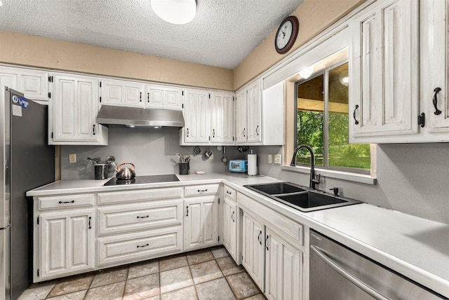 4610 County Road 862, Mckinney, TX 75071 - kitchen featuring stainless steel appliances, under cabinet range hood, light countertops, white cabinets, and a textured ceiling