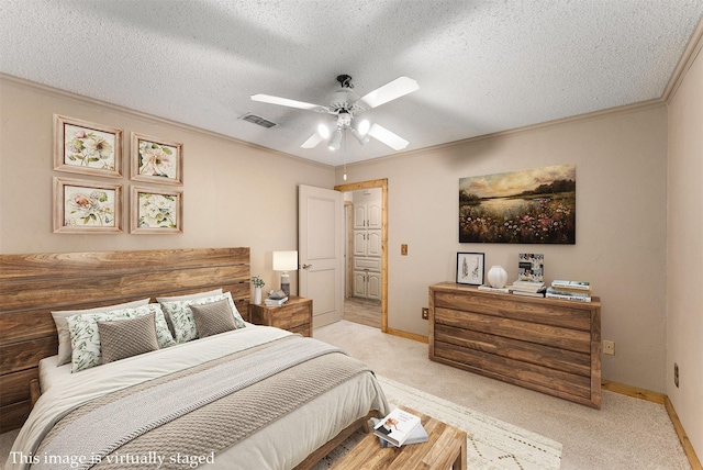 4610 County Road 862, Mckinney, TX 75071 - carpeted bedroom with a textured ceiling, ornamental molding, and ceiling fan