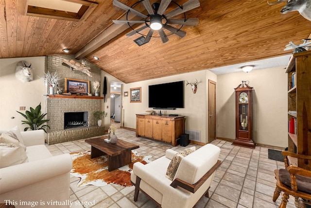 4610 County Road 862, Mckinney, TX 75071 - living room featuring ceiling fan, wood ceiling, and a fireplace