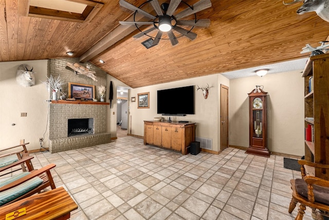 4610 County Road 862, Mckinney, TX 75071 - living area with a ceiling fan, wood ceiling, a fireplace, and light stone finish floors