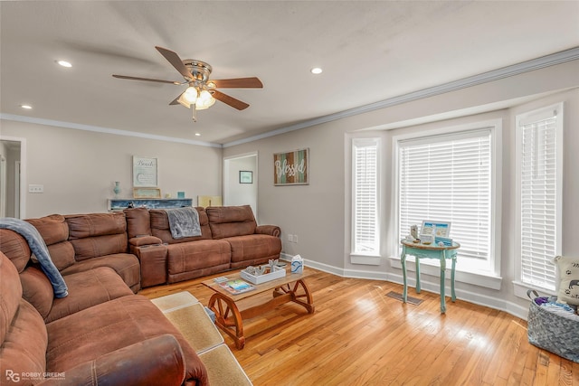 171 Albert Ave, Shreveport, LA 71105 - living room featuring plenty of natural light, a ceiling fan, light wood-type flooring, crown molding, and recessed lighting