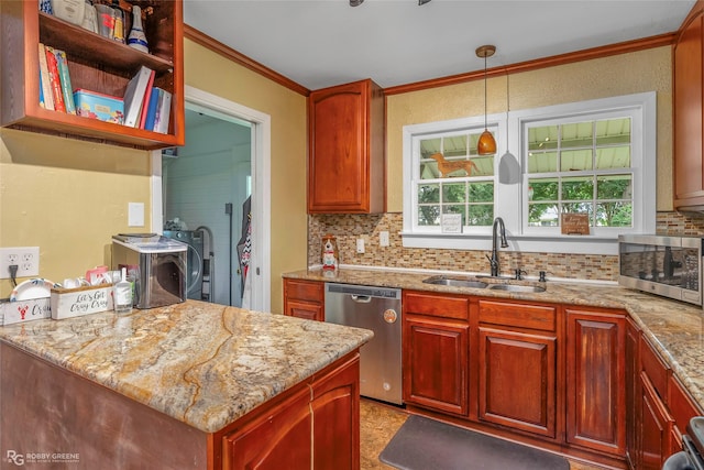 171 Albert Ave, Shreveport, LA 71105 - kitchen with appliances with stainless steel finishes, crown molding, tasteful backsplash, light stone counters, and pendant lighting