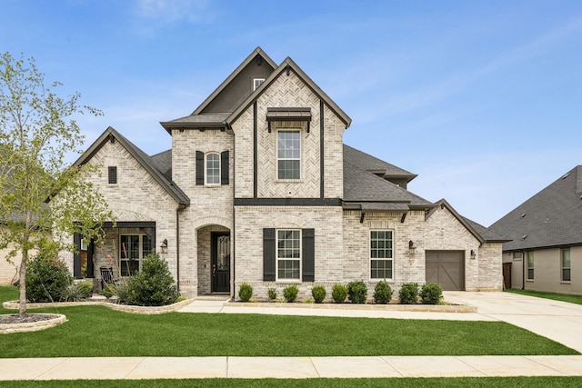 307 Misty Ln, Argyle, TX 76226 - french country style house with driveway, a front lawn, brick siding, and a garage