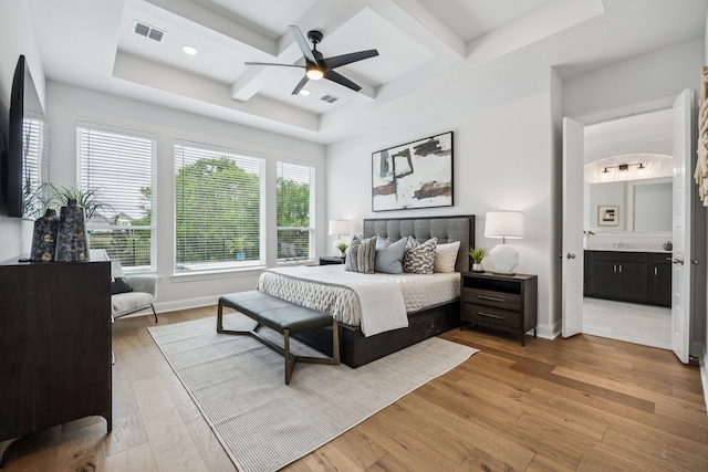 307 Misty Ln, Argyle, TX 76226 - bedroom featuring coffered ceiling, light wood-type flooring, beamed ceiling, recessed lighting, and ensuite bath